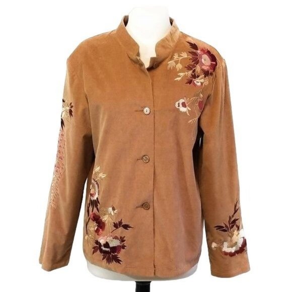 Susan Graver Jackets & Blazers - Susan Graver NWT Corduroy Tan Floral Embroidered Jacket Coat Womens Size M
